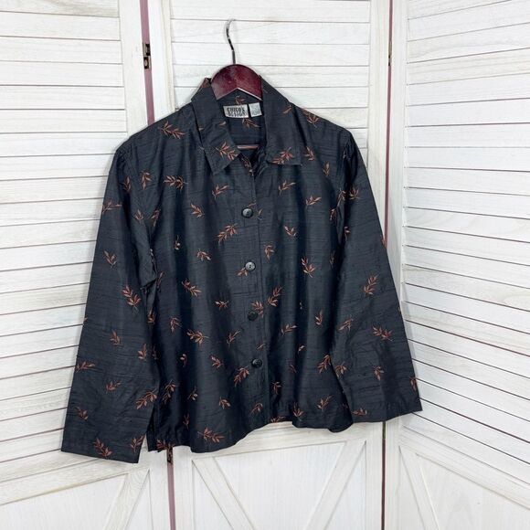 Chicos Embroidered Dupioni Slub Silk Shacket Jacket Black Brown Medium - Picture 7 of 11